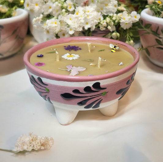 Pink pottery beeswax candle